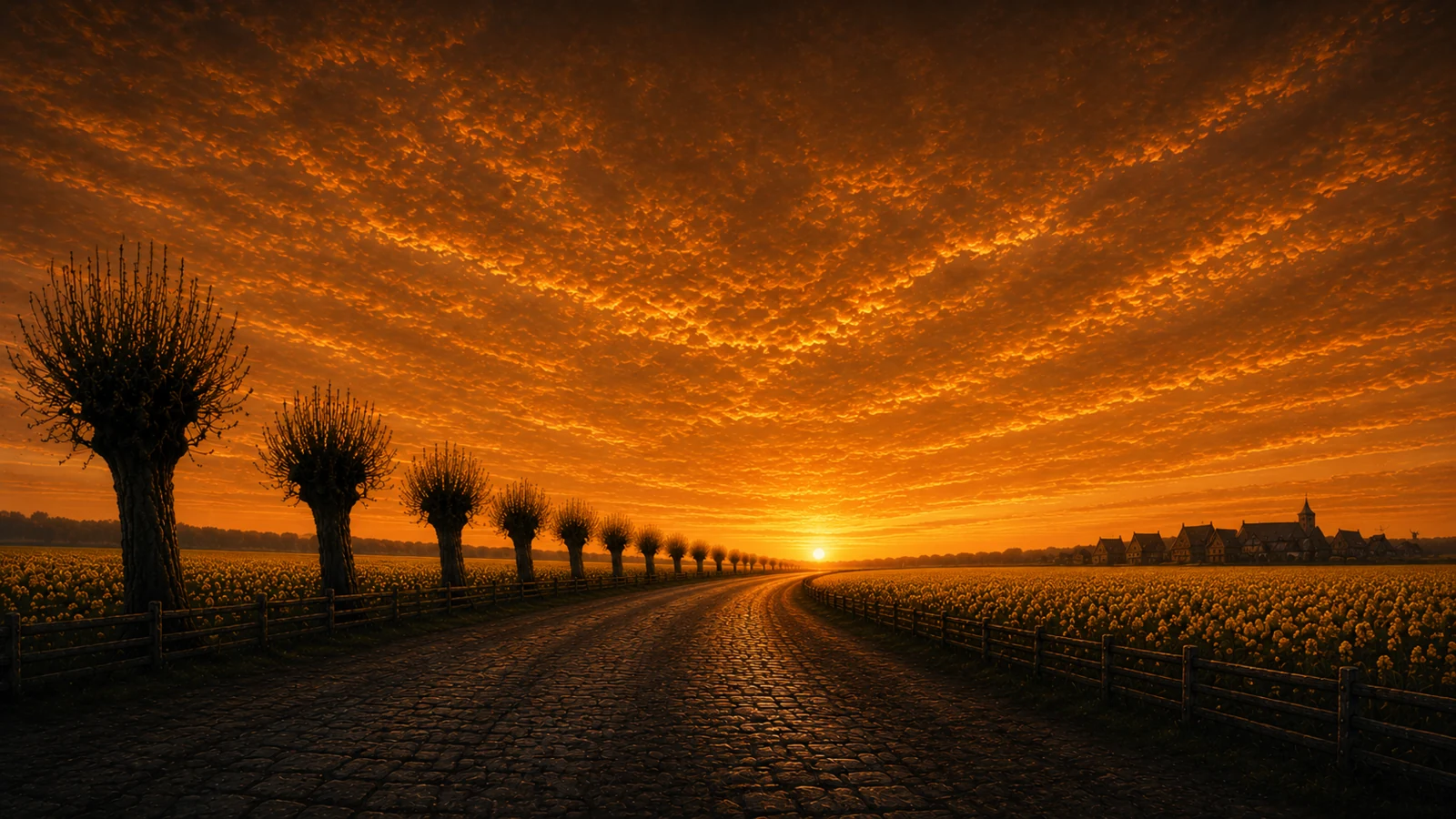A dramatic orange sunset over a country road leading toward a village